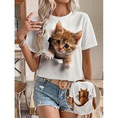 Category:T-shirt; Season:Summer; Fabric:Polyester; Sleeve Length:Short Sleeve; Look After Me:Machine wash,Washable,Wet and Dry Cleaning; Gender:Women's; Style:Fashion; Elasticity:Micro-elastic; Tops Type:T Shirt; Occasion:Daily,Weekend; Top Length:Regular Tops; Fit Type:Regular Fit; Pattern:Cat; Design:Print; Neckline:Round Neck; Brand:Shall We; Listing Date:05/22/2024; Bust:null; Length:null; Sleeve:null; Fit US Size:null; Fit UK Size:null; Fit EU Size:null; Print Type:3D Print; Text Word:3D ca Summer Fitted T-shirt With Cat Print, Fitted Summer T-shirt With Cat Print, Fitted Cat Print T-shirt For Summer, Pattern Cat, Weekend Style, Fashion Mode, White Summer, Cat Print, Cat Design