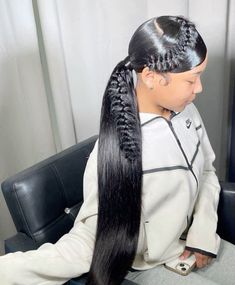 Swoop Ponytail With Fishtail Braid, Two Ponytails With Bows, Swoop Ponytail Weave Curly, Breezy Wave Ponytail, Sleek Ponytail Hairstyles For Black Hair, Hairstyles For 13th Birthday, Ponytail Styles With Weave, Two Part Ponytail, Swoop Half Up Half Down