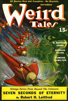 weird tales magazine cover with an image of a group of men in red uniforms flying through the air