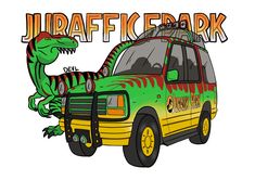 a green and yellow car with a dinosaur on the hood that says, jurfaffeark