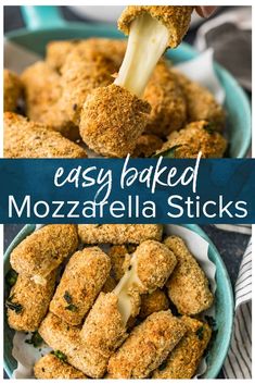 an easy baked mozzarella sticks recipe in a bowl with cheese being dipped into them