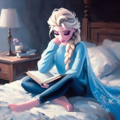 a painting of a frozen princess sitting on her bed reading a book