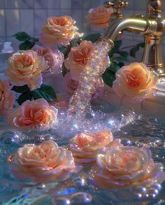 pink roses are floating in the water from a faucet