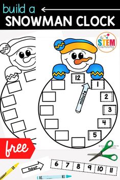 a snowman clock with the words build a snowman clock