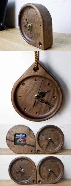 three wooden clocks are hanging on the wall, and one is connected to a cell phone