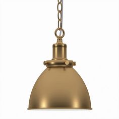 a large brass colored pendant light hanging from a chain on an isolated white background with clippings