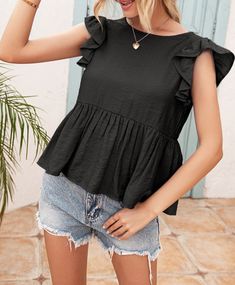 DETAILS FLUTTER SLEEVE LAYERED BABYDOLL HEM BLACK IN COLOR Backless Blouse, Backless Top, Ruffle Shirt, Ruffled Sleeves, Women Shirts Blouse, Summer Fashion Outfits, High Point, Top Women, Clothes Collection