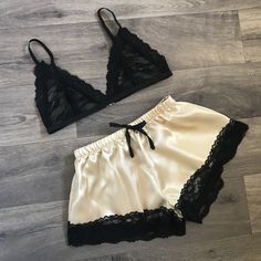 Shorts With Lace Trim, Gold Lingerie, Satin Pyjama, Shorts With Lace, Lingerie Shorts, Victoria Secret Outfits, Panty Style, Pyjama Sets