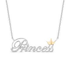 She'll love every princess-perfect detail of this chic diamond necklace from the Enchanted Disney Fine Jewelry Collection. Created in sterling silver, this look features the word "Princess" in an elegant script font lined with diamonds. A 10K gold crown adds eye-catching color. Radiant with 1/10 ct. t.w. of diamonds and a brilliant buffed luster, this word art suspends centered along an 18.0-inch cable chain that secures with a spring-ring clasp. ©Disney Princess With Crown, Disney Princess Jewelry, Enchanted Disney, Enchanted Disney Fine Jewelry, Disney Fine Jewelry, Word Necklace, Diamond Princess, Princess Jewelry, Expensive Jewelry Luxury