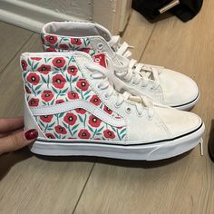 Women’s White High Top Vans With Poppy Flower Print, Women’s Size 9, Men’s Size 7.5 - Never Worn Vans Floral Print Sneakers For Summer, Vans Floral Print Summer Sneakers, Trendy White Sneakers With Floral Print, Trendy White Floral Print Sneakers, Casual Vans Sneakers With Floral Print, Neon Vans, White High Top Vans, Vans Shoes Women, Checkered Shoes