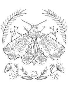 a black and white drawing of a bug with leaves on it's back, surrounded by flowers