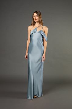 Pure silk charmeuse full length bias gown with open back. Features a split detail cowl... Silk Gowns, Midi Wedding Dress, Bridesmaid Colors, Drape Gowns, Bridesmaid Dress Styles, Bridal Party Dresses, Bridesmaid Style, Silk Gown, Midi Cocktail Dress