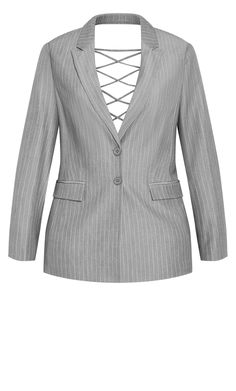 The Jazmin Pinstripe Jacket radiates sophistication with its classic collar and lapel. Featuring a sophisticated pinstripe print and an open back criss cross design, its as chic as it is unique. Key Features: - Full length sleeves - Pinstripe design - Classic collar and lapel - Open back criss cross design - Double button front closure - Shoulder pads - Functional front pockets Style with black heels and dainty jewelry for an classy look. | Plus Size Jazmin Jacket in Silver Pinstripe, Size 22 | Cheap Pinstripe Collared Shirt, Elegant Pinstripe Blazer With Lapel Collar, Pinstripe Blazer For Spring Formal Occasions, Spring Pinstripe Blazer For Formal Events, Elegant Pinstripe Outerwear For Office, Elegant Pinstripe Blazer For Office, Spring Formal Pinstripe Blazer, Elegant Pinstripe Outerwear For Work, Chic Pinstripe Outerwear For Formal Occasions