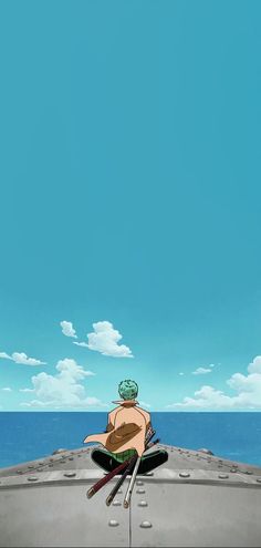 an anime character sitting on top of a car looking out at the ocean and clouds