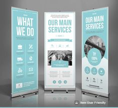 two roll up banners with blue and white colors