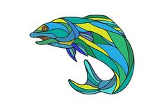 an abstract fish with blue, yellow and green stripes on it's body is depicted in