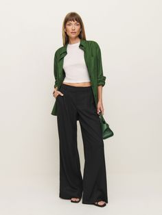 Wear the pants. Shop the Ashwin Pant from Reformation, a low-rise pant with a wide leg. Low Rise Black Pants Outfit, Low Rise Black Pants, Black Pants Outfit, Trousers Women Wide Leg, Work Wear Outfits, Low Rise Pants, Vintage Inspired Dresses, Outerwear Sweater, Inspired Dress