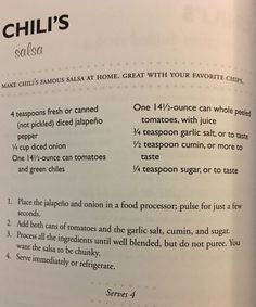 an open book with instructions on how to make chili's salsa