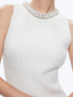 Coley Embellished Mini Dress In Off White | Alice And Olivia Chic Pearl-embellished Mini Dress For Cocktail, Elegant Pearl Embellished Mini Dress For Party, Elegant Sleeveless Embellished Mini Dress, Pearl Embellished Mini Dress For Wedding, Tweed Mini Dress, Embellished Mini Dress, White Tweed, Beaded Neckline, High Neck Sleeveless