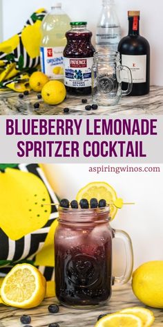 blueberry lemonade spritzer cocktail in a mason jar with blackberries and lemons