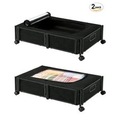 two black storage bins with wheels on each side and one holding money in the middle