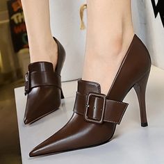 Pointed Belt Buckle Decoration High Heels Brown Heels With Buckle Closure For Office, Elegant Heels With Buckle Closure For Fall, Elegant Fall Heels With Buckle Closure, Heels Office, Stilettos Heels, Pointed Shoes, Pointed Pumps, Point Shoes, Pu Heels