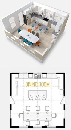 the floor plan for a dining room and kitchen is shown in two separate rooms, one with