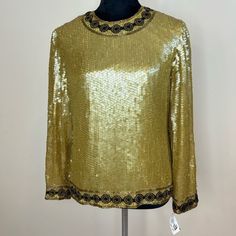 Parisian Room Gold Silk Blouse Embellished Black And Gold Sequins Design Back Zipper And Closure Size Medium Sign Up For A $10 Off Your First Purchase With Code Jennixe Leather Bustier Corset, Parisian Room, Sequins Top, Black Sequin Top, Leather Bustier, Party Blouse, Dressy Blouse, Long Sleeve Tops Casual, Gold Silk