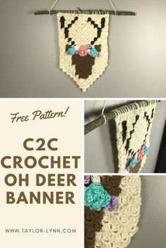 the crochet banner is hanging in front of a wall and has flowers on it