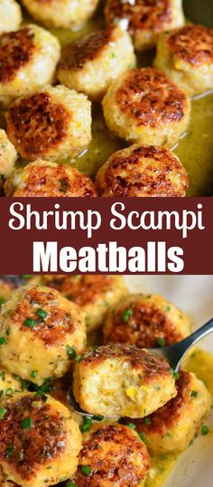 shrimp scampi meatballs in a white bowl with a spoon