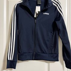 Adidas Athletic Jacket, Xs, Nwt Blue Hooded Outerwear With Three Stripes, Blue Three Stripes Track Jacket For Fall, Hooded Outerwear With Three Stripes For Fall, Casual Three Stripes Outerwear For Fall, Casual Three Stripes Fall Outerwear, Fitted Outerwear With Three Stripes For Fall, Fitted Three Stripes Outerwear For Fall, Casual Fall Outerwear With Three Stripes, Adidas Three Stripes Winter Outerwear