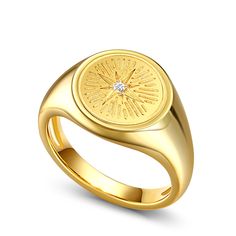 Ishtar is heavily associated with the planet Venus and the sacred feminin. Her primary element is the star, a representation of the brightest planet in the night sky. This ring incorporates stellar elements into an artful piece of jewelry. It also features a white stone, which is regarded as the stone of Venus.Carat Weight: 0.075 ctStone Size: 1.5 mmStone Type: Jeulia® StoneNumber of Stones: 1 Stone Shape: RoundStone Color: Diamond WhiteWeight: 4.8 gWidth: 3.1 mmHeight: 3.8 mmThickness: 1.2 mmMa Elegant Gold Rings With Sun And Moon Design, Celestial Style Ring With Polished Finish, Celestial Style Polished Ring, Luxury Gold Star-shaped Rings, Elegant Yellow Gold Rings With Sun And Moon Design, Symbolic Star-shaped Jewelry With Polished Finish, Luxury Star-shaped Jewelry With Polished Finish, Celestial Star-shaped Jewelry With Polished Finish, Luxury Polished Star Jewelry