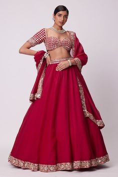 Red flared attached cancan lehenga with mirror hand embroidery. Paired with a padded mirror embroidered blouse and dupatta with mirror embroidered border. - Aza Fashions Red Gota Work Choli For Reception, Fitted Red Lehenga With Gota Work, Fitted Red Choli With Gota Work, Red Choli With Gota Work For Party, Party Choli With Gota Work In Red, Red Party Choli With Gota Work, Party Gota Work Red Choli, Mirror Lehenga, Organza Lehenga