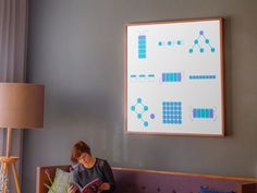 a woman sitting on a couch reading a book in front of a wall mounted diagram