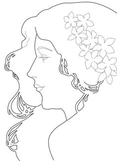 a woman's face with flowers in her hair, drawn by hand on a white background