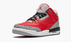 The Air Jordan 3 GS “Red Cement” is the grade school kids’ sizing of the special colorway released during NBA All-Star Weekend 2020.  Essentially a red version of the classic "Black/Cement" colorway, the “Red Cement” design looks like it could have been an original version of the Jordan 3 worn by Jordan on-court in 1988.  This is achieved by retaining the same color block of the "Black/Cement" colorway, but replacing the black tumbled leather portions of the upper with Fire Red leather.  The ico Cement Design, Jordan 3 Retro, Black Cement, Air Jordan 3 Retro, Air Jordan 3, School Kids, Kids Jordans, Jordan 3, Elephant Print