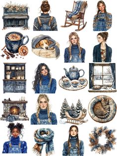 watercolor paintings of women in winter clothing and accessories, including teapots, chairs, fireplace