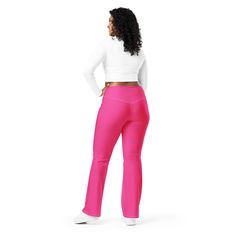 Designed to enhance your figure, these trendy leggings feature a high waist and a butt-lifting cut. The flared leg bottoms add a touch of style and make the leggings comfortable. Wear them on a walk, to the gym, or style them up with a bomber jacket or hoodie. • 74% recycled polyester, 26% elastane • Fabric weight (may vary by 5%): 7.37 oz./yd.² (250 g/m²) • Soft and stretchy premium quality fabric with a mild compression feel • Moisture-wicking fabric • UPF 50+ protection • High-waisted with a Trendy Wide Leg Workout Pants, Fitted High-waisted Pink Leggings, Trendy Stretch Full Length Flares, Trendy Flare Yoga Pants, Trendy Fitted Leggings For Loungewear, Fall High-waisted Yoga Pants, Trendy Fitted Flare Pants, Trendy Fitted Full Length Leggings, Trendy Fitted Straight Leg Leggings