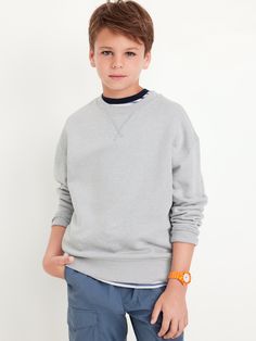 crew neck long sleeves drop shoulders banded hem oversized fit hits below waist School Crew Neck Cotton T-shirt, Boys Pullover Sweater, Boy Grey Sweater, Toddler Boy Hoodie, Boys School Outfits, Toddler Boys Sweatshirt, Boy Activewear, Kids Clothes Boys, Boy Clothes