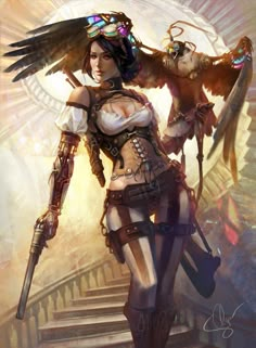 a woman with an eagle on her shoulder and two birds flying over her head in the air