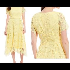 This Gorgeous Crochet Laces Dress Is Beautiful With Quality Detailing And Perfect For A Wedding Or Tea Lace Fit And Flare Midi Dress For Wedding, Spring Wedding Midi Dress With Short Sleeves, Spring Wedding Short Sleeve Midi Dress, Spring Bridesmaid Lace Dress, Spring Wedding A-line Lace Dress, Spring Wedding Midi Lace Dress, Elegant Yellow Dress For Garden Party, Lace Midi Dress For Spring Bridesmaid, Knee-length Lace Dress For Spring Weddings