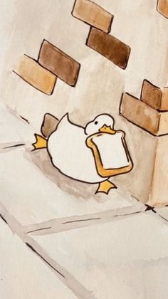 a drawing of a duck standing in front of a brick wall with bricks on it