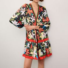 Multicolor Spring Dresses With Blouson Sleeves, Spring Multicolor Dresses With Blouson Sleeves, Long Sleeve Floral Print Mini Dress For Work, Spring V-neck Mini Dress With Blouson Sleeves, Floral Print Mini Dress For Work, Floral Print V-neck Mini Dress For Work, Floral V-neck Mini Dress For Workwear, Boutique Fashion, Mini Shirt Dress