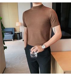 High Neck Knitted T-ShirtMaterial: Polyester 27.7% Nylon 23% Viscose 49.3%High NeckRibbed trimsShort sleeveSlim fitSize Recommender M 48-52KGL 52-60KGXL 60-65KG2XL 65-72KG3XL 72-77KG4XL 77-85KG High Neck Tshirt Men Outfit, Ribbed Short Sleeve Tops For Winter, Brown Stretch Crew Neck T-shirt, Brown Knit Crew Neck Top, Knit Short Sleeve T-shirt, Fitted Crew Neck Knit T-shirt, Fitted Knit Crew Neck T-shirt, Fitted Knit T-shirt With Crew Neck, Fitted Short Sleeve T-shirt For Fall