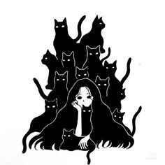 a drawing of a woman surrounded by cats