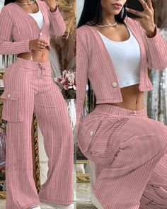 Elluis - Chic Velvet Crop Top with Button Details and Coordinated Pocketed Pants Set Button Crop Top, Maxi Dresses Fall, Velvet Crop Top, White Gown, Chic Type, Pink M, Round Neck Dresses, Top Pants Set, Dinner Outfits