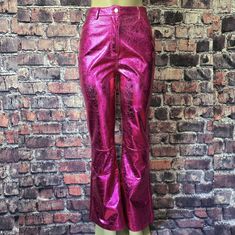 Bend & Snap Crackle Metallic Flare Pants. It Features A No Stretch Construction, A Boot Cut And Flare Design, High Waist Fit, Statement Crackle Pattern, Metallic Pink Coloring, Pocket Detailing, And Front Button And Zipper Closures. Please Note That The Pants Arrived With A Small Spot On Inner Lining As Shown. **Length Then Inseam Is Shown** Nwt, Size 6, No Stretch, True To Size. Mannequin Bust 34", Waist 26" And Hips 38" Stretch Wide Leg Leather Pants For Spring, Fitted Leather Pants For Spring, Fitted Leather Trousers For Spring, Fitted Full-length Leather Pants For Spring, Purple Pants For Night Out In Spring, Purple Pants For Spring Night Out, Fitted Full Length Leather Pants For Spring, Purple Party Trousers, Fitted Wide Leg Leather Pants For Spring