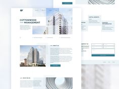 three page layouts for a company with buildings in the background