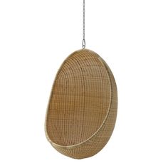 a wooden hanging egg chair with chains attached to the back and side, on a white background