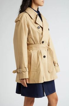 Burberry Belted Short Cotton Trench Coat | Nordstrom Spring Gabardine Pea Coat With Double-breasted Button, Spring Gabardine Pea Coat With Double-breasted Button Fastening, Beige Cotton Double-breasted Outerwear, Cotton Double-breasted Outerwear For Work, Classic Cotton Outerwear With Double-breasted Button, Classic Cotton Outerwear With Double-breasted Button Fastening, Classic Gabardine Pea Coat For Spring, Classic Pea Coat With Belted Cuffs For Work, Double-breasted Cotton Office Outerwear